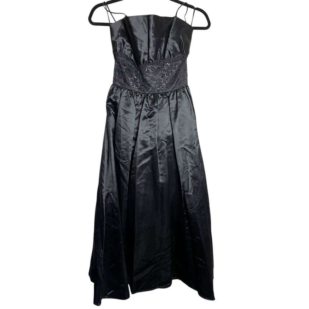 80s Y2K Jessica McClintock Gunne Sax All Black Satin Dress Floral Lace Size 9